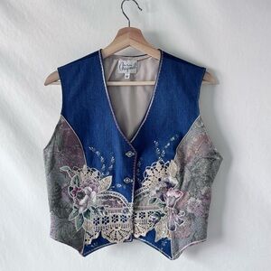 Bette Goulette Original Y2K Embellished Denim Vest Boho Lace Floral